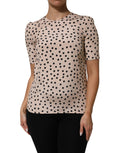 Dolce & Gabbana Beige Zwart Gestippelde Zijden Blouse Met Korte Mouwen