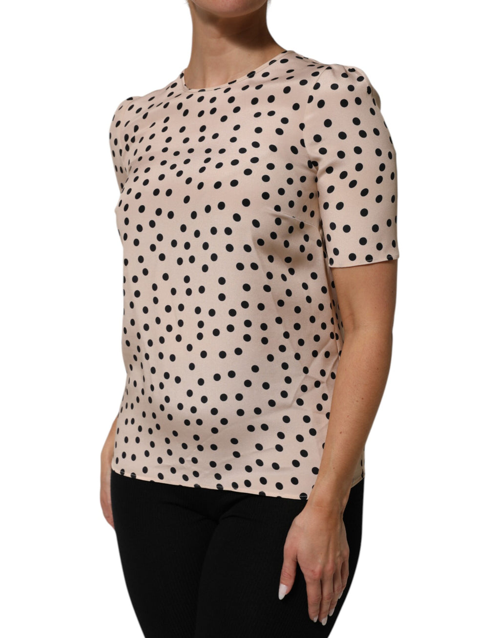 Dolce & Gabbana Beige Zwart Gestippelde Zijden Blouse Met Korte Mouwen