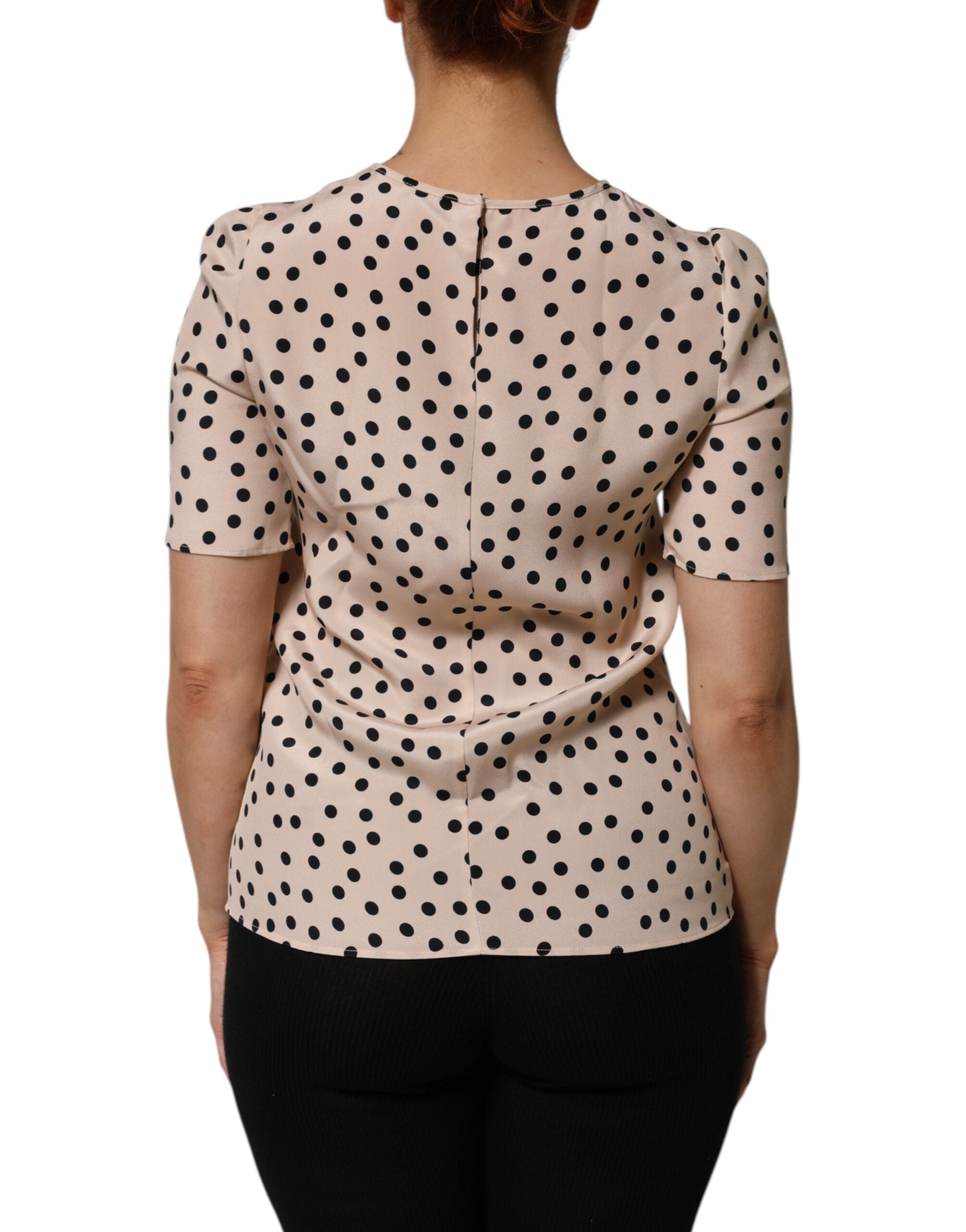 Dolce & Gabbana Beige Schwarz Polka Dot Seide Kurzarm Bluse Top