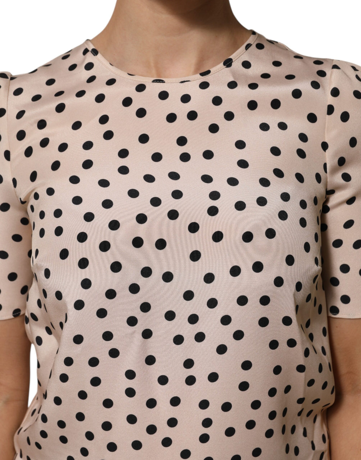 Dolce & Gabbana Beige Zwart Gestippelde Zijden Blouse Met Korte Mouwen
