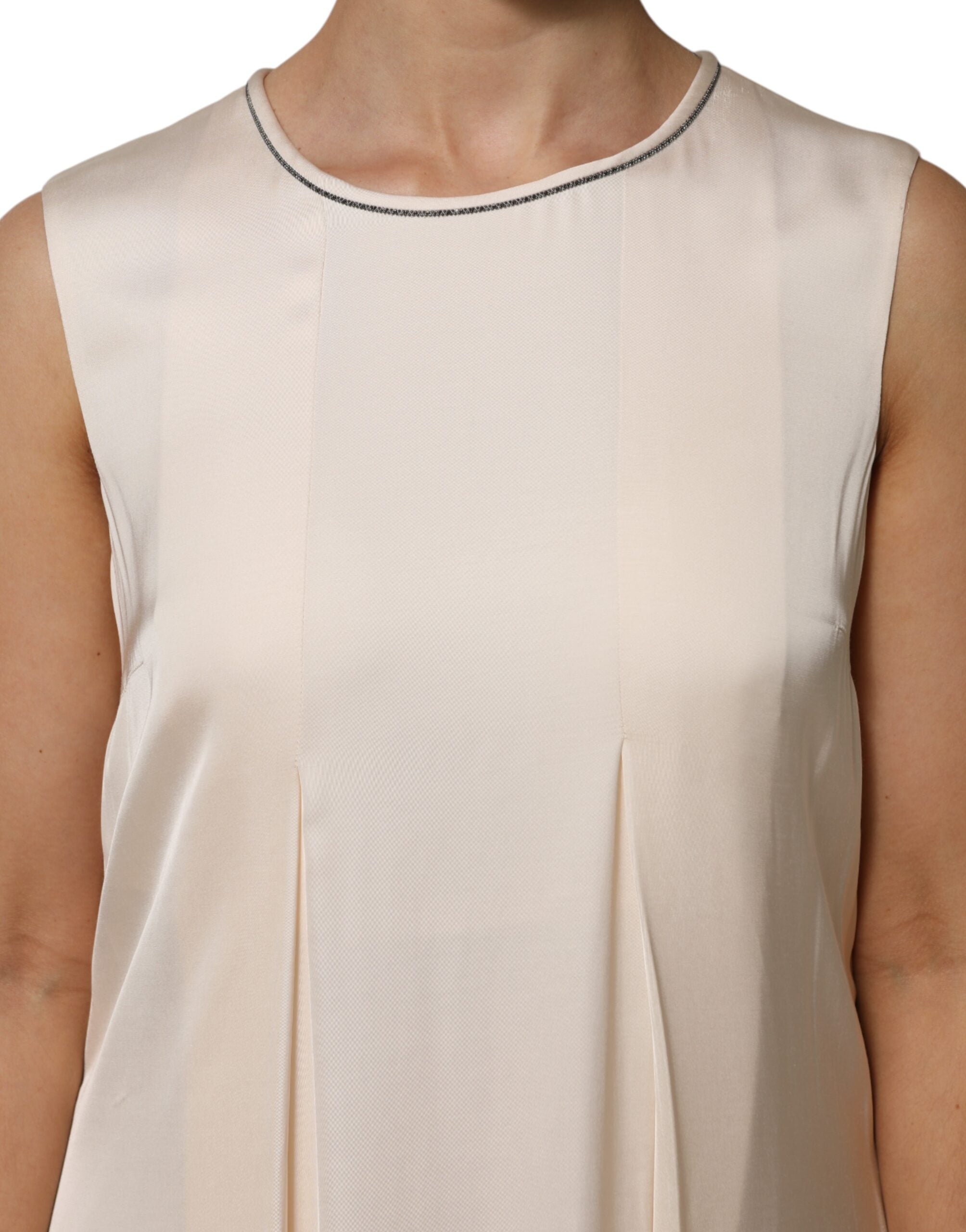 Peserico Beige Viskose Plissee ärmelloses langes Maxikleid