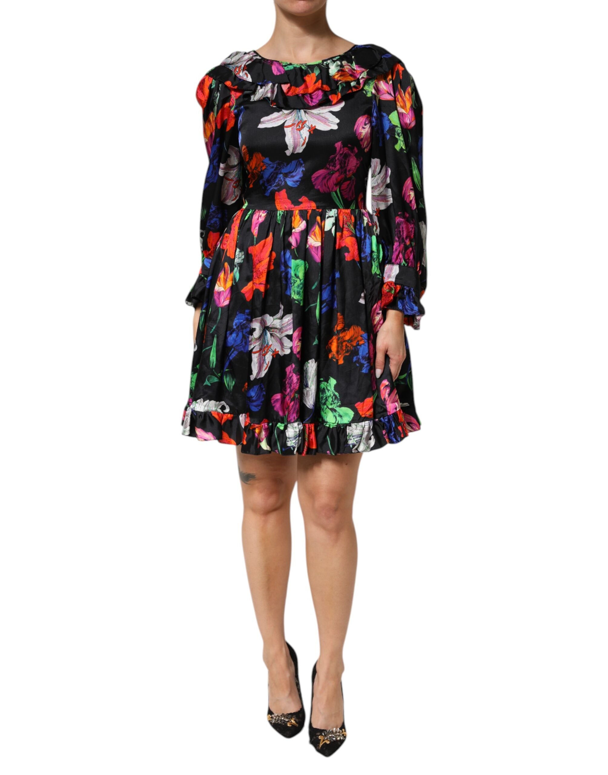 MSGM Kleid Schwarz Multicolor Floral Ruffle Long Sleeve Mini Dress