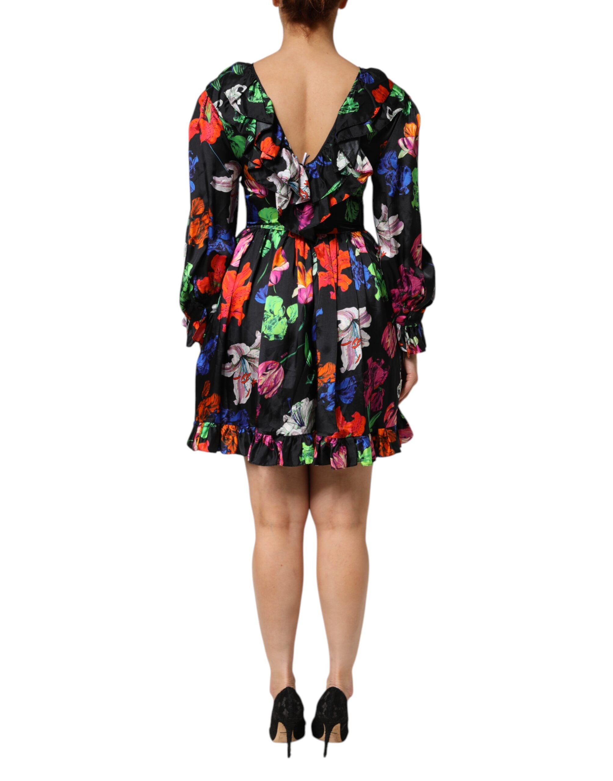 MSGM Kleid Schwarz Multicolor Floral Ruffle Long Sleeve Mini Dress