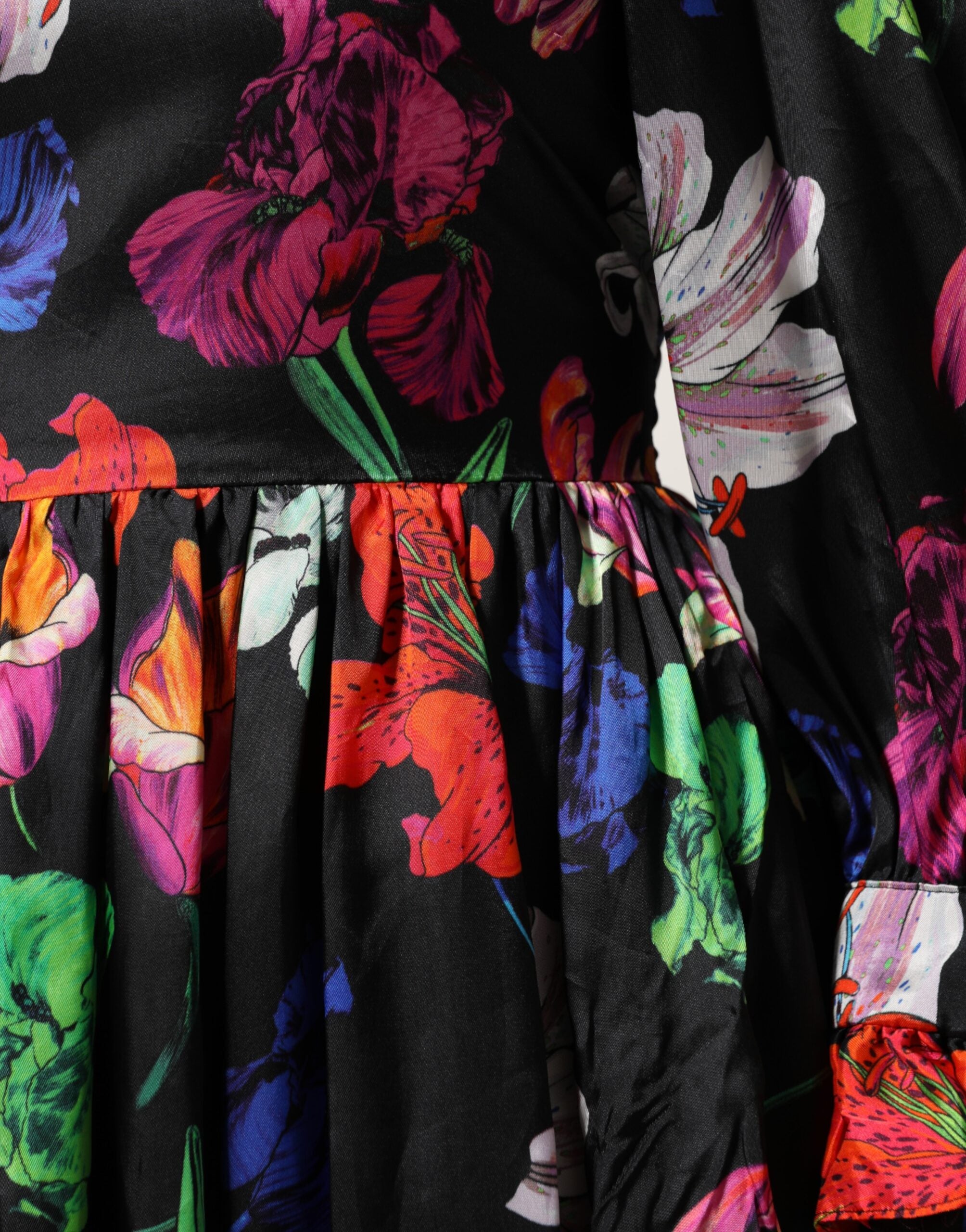 MSGM Kleid Schwarz Multicolor Floral Ruffle Long Sleeve Mini Dress