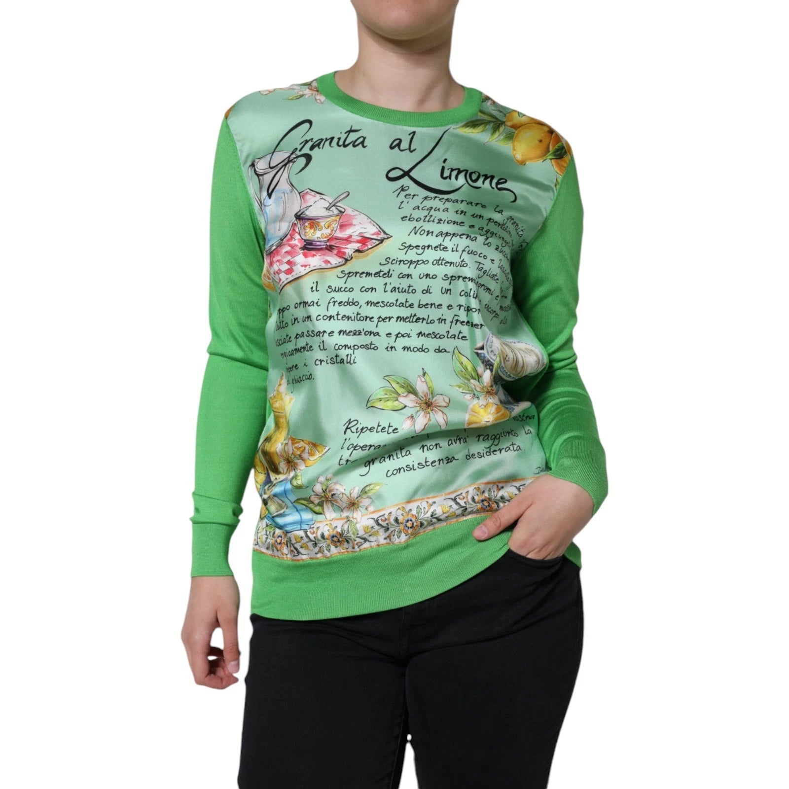 Dolce & Gabbana Grüner Lemon Print Pullover Seide Frauen Pullover