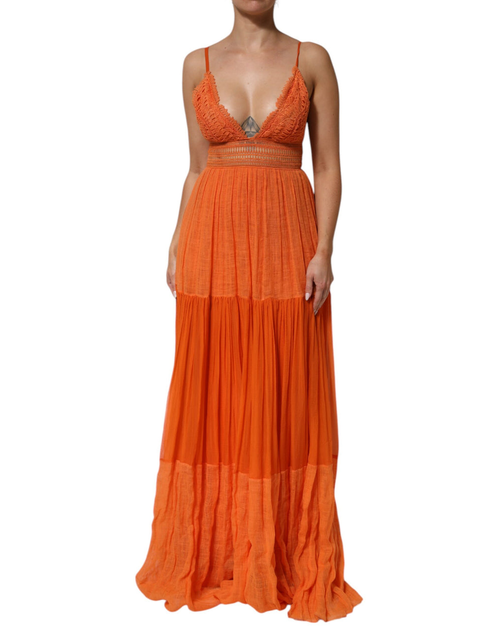 Alberta Ferretti Orangefarbenes Bustier-Maxikleid mit Spitzeneinsatz