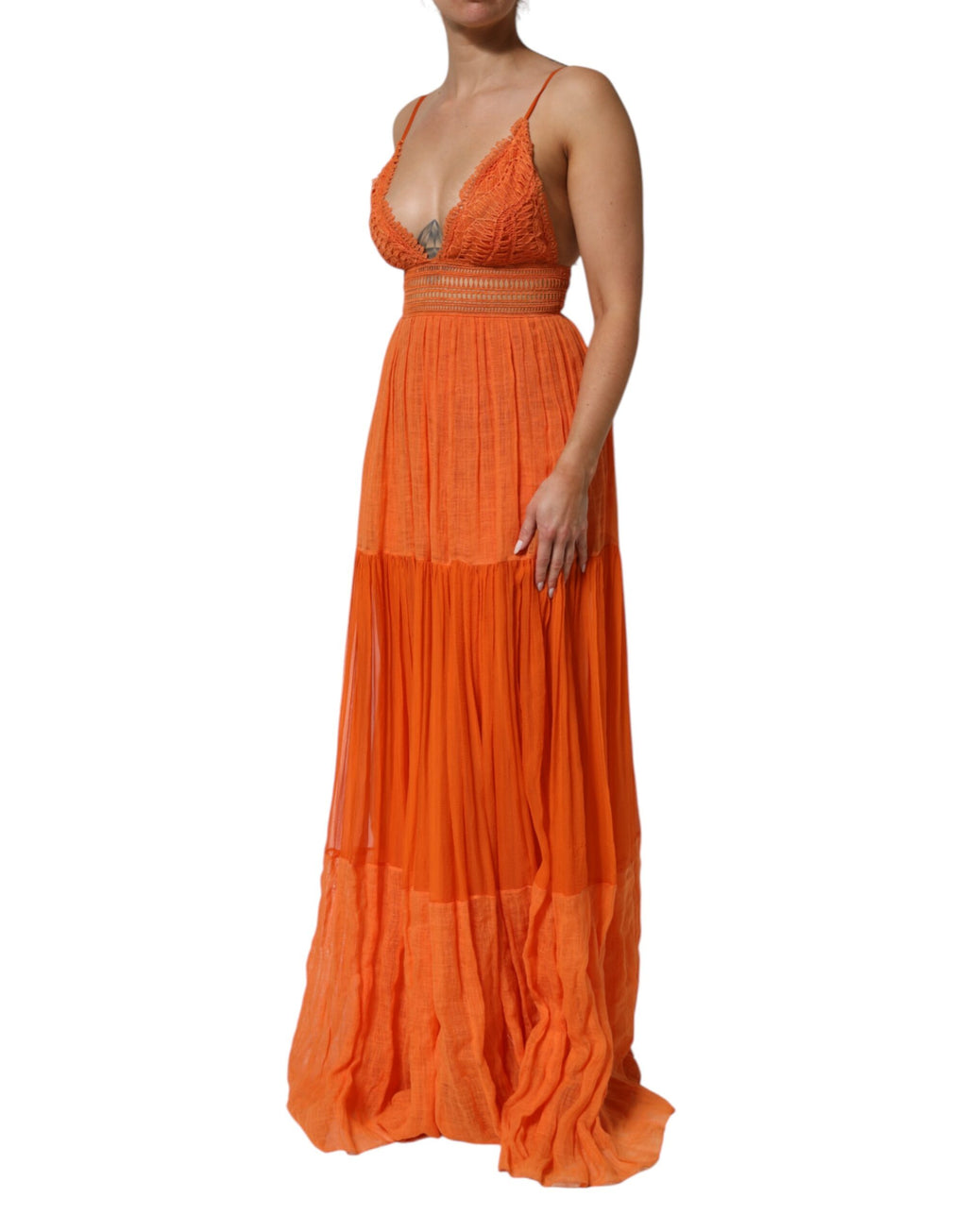 Alberta Ferretti Orangefarbenes Bustier-Maxikleid mit Spitzeneinsatz
