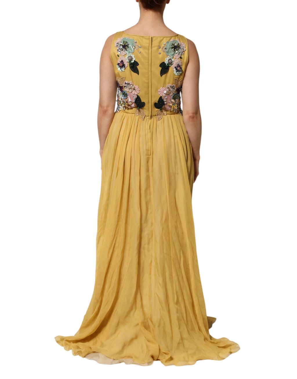 Dolce & Gabbana Gelbes Maxikleid mit Blumenstickerei aus Seide