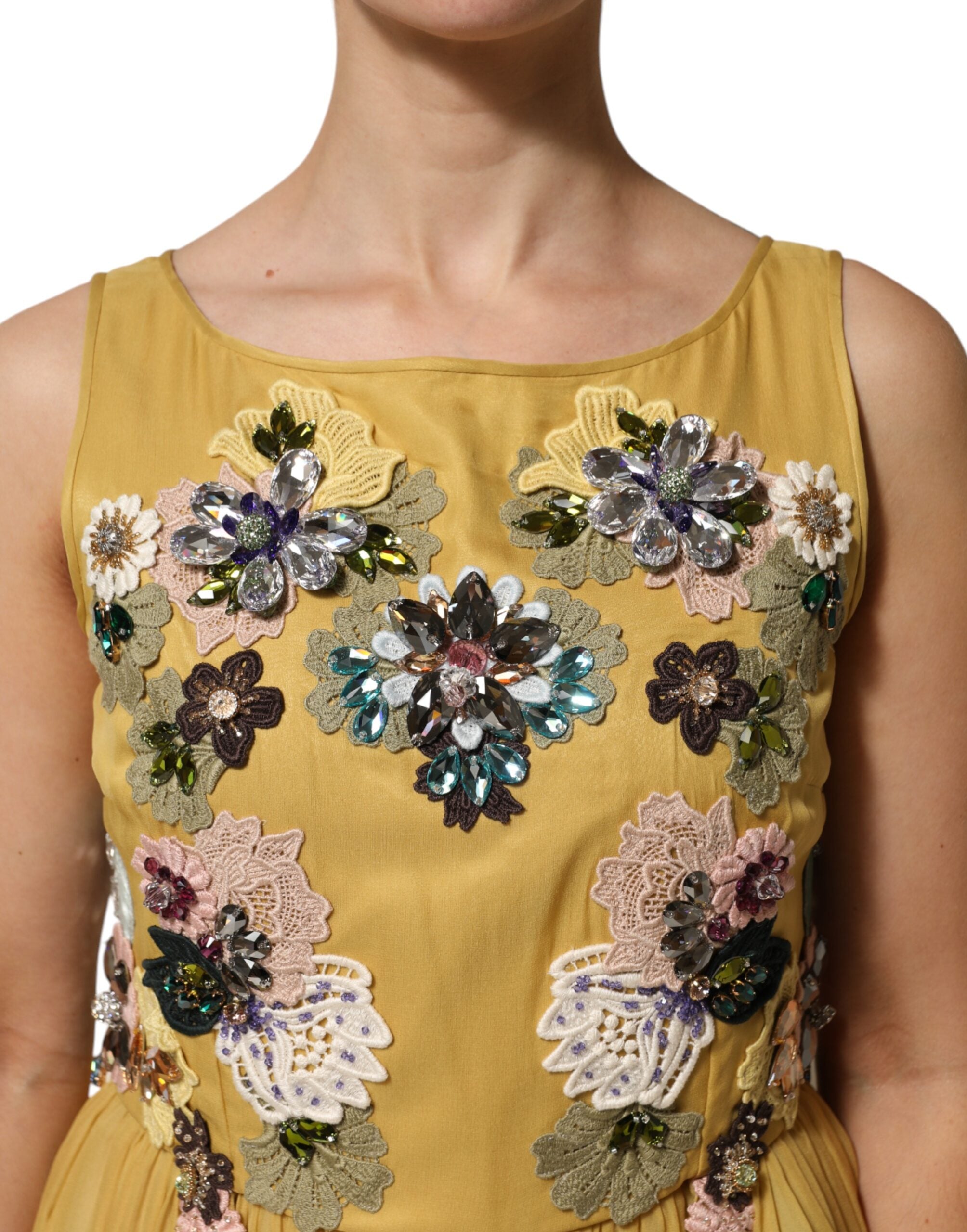 Dolce & Gabbana Gelbes Maxikleid mit Blumenstickerei aus Seide
