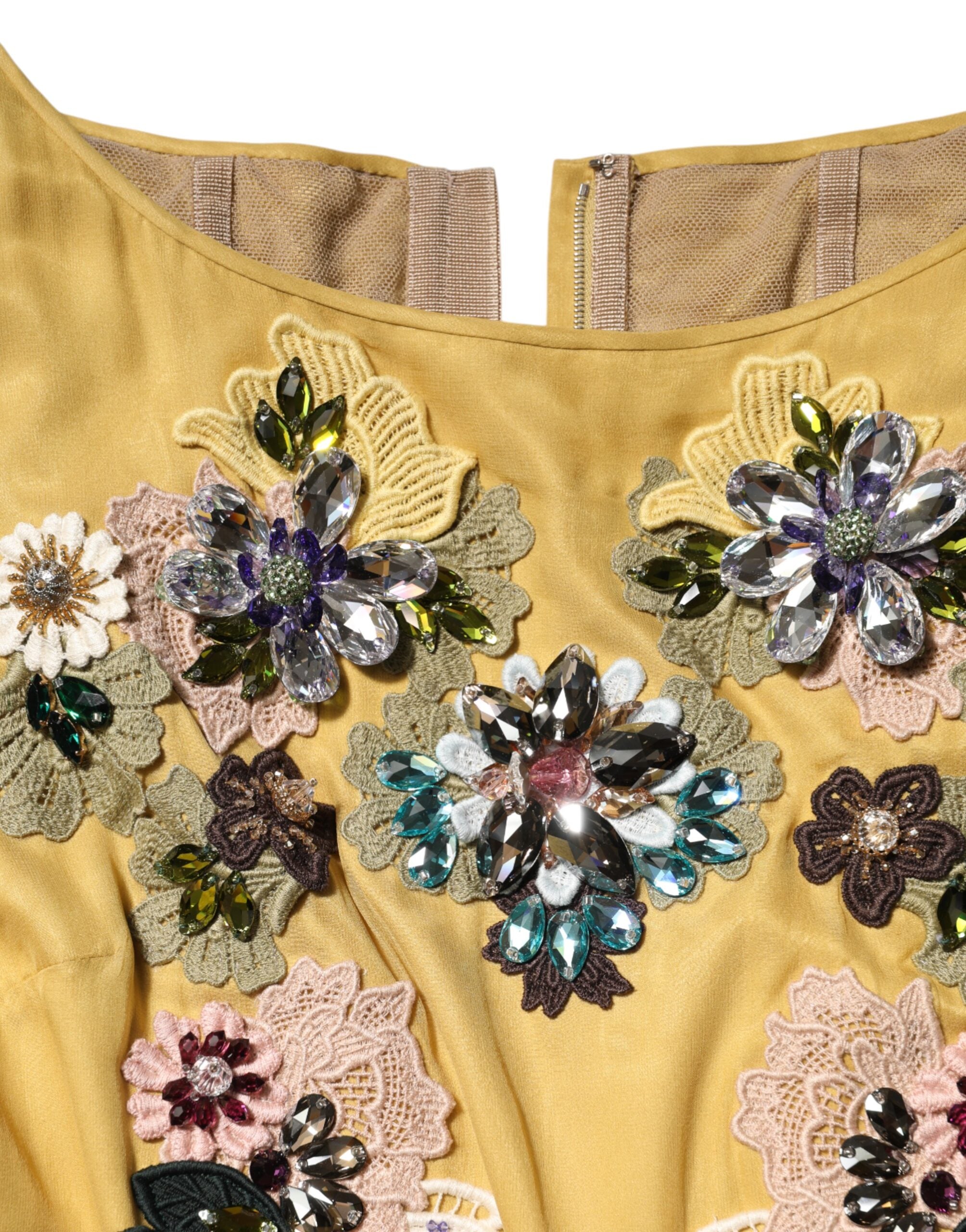 Dolce & Gabbana Gelbes Maxikleid mit Blumenstickerei aus Seide