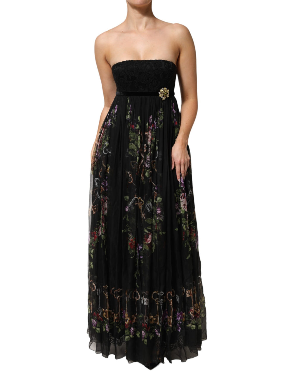Dolce & Gabbana Zwart Bloemig Sleutelprint Kristallen Strapless Jurk