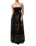Dolce & Gabbana Zwart Bloemig Sleutelprint Kristallen Strapless Jurk