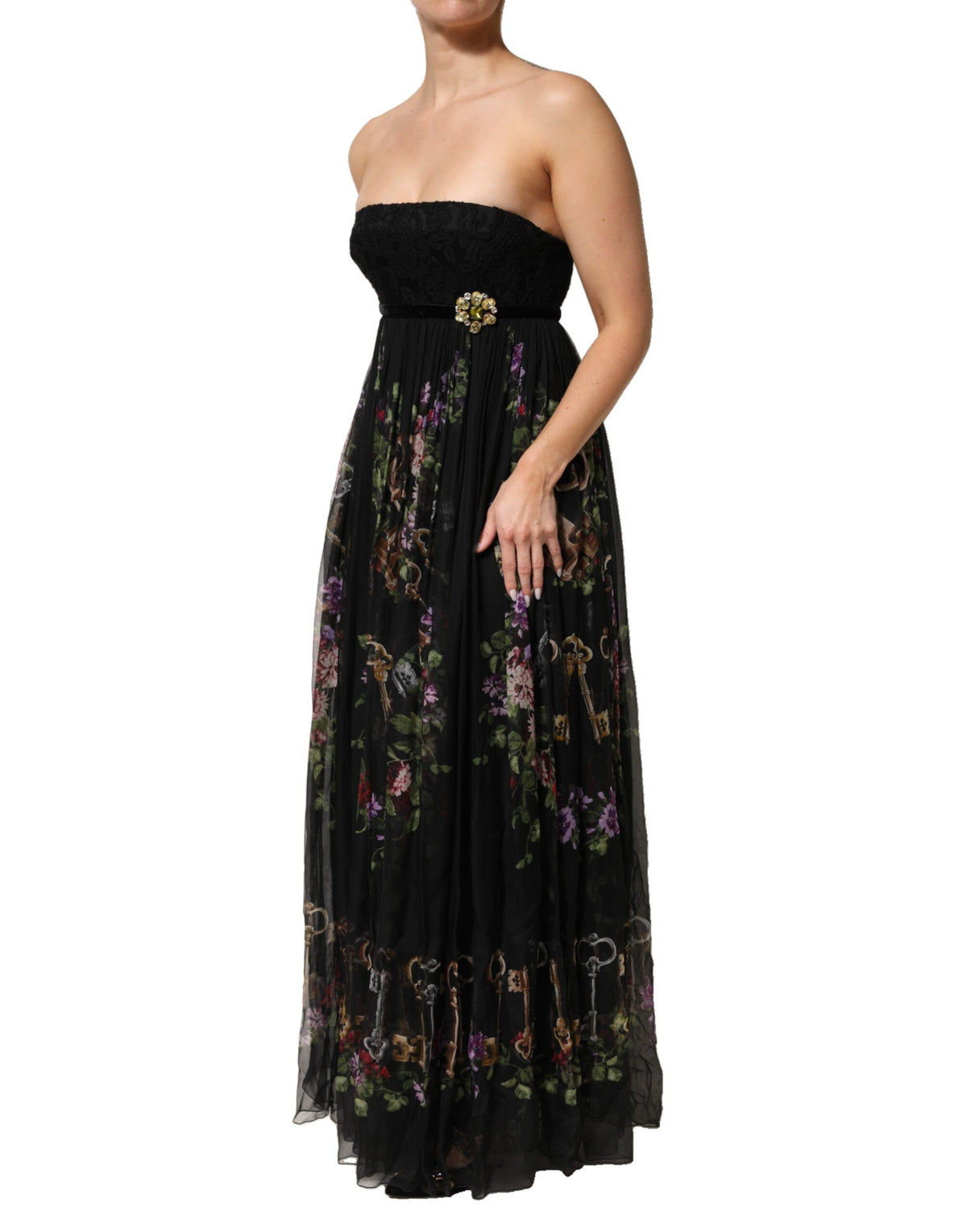 Dolce & Gabbana Zwart Bloemig Sleutelprint Kristallen Strapless Jurk