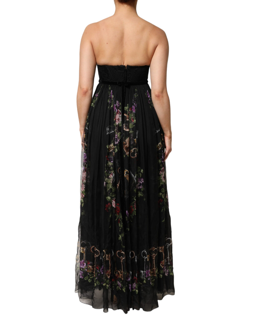 Dolce & Gabbana Zwart Bloemig Sleutelprint Kristallen Strapless Jurk