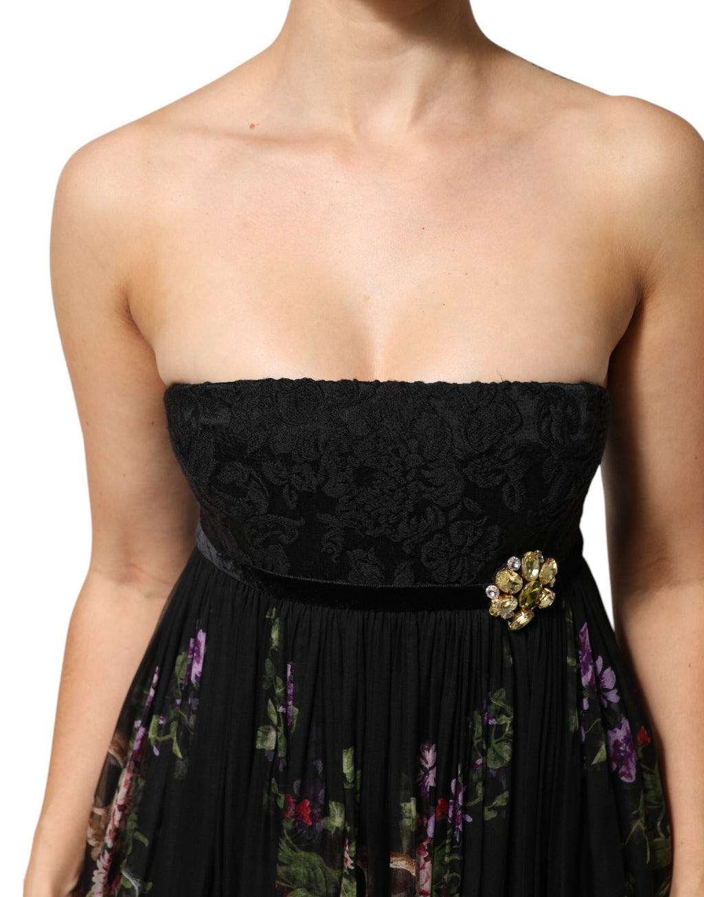 Dolce & Gabbana Schwarzes trägerloses Kleid mit Blumenmuster und Kristall