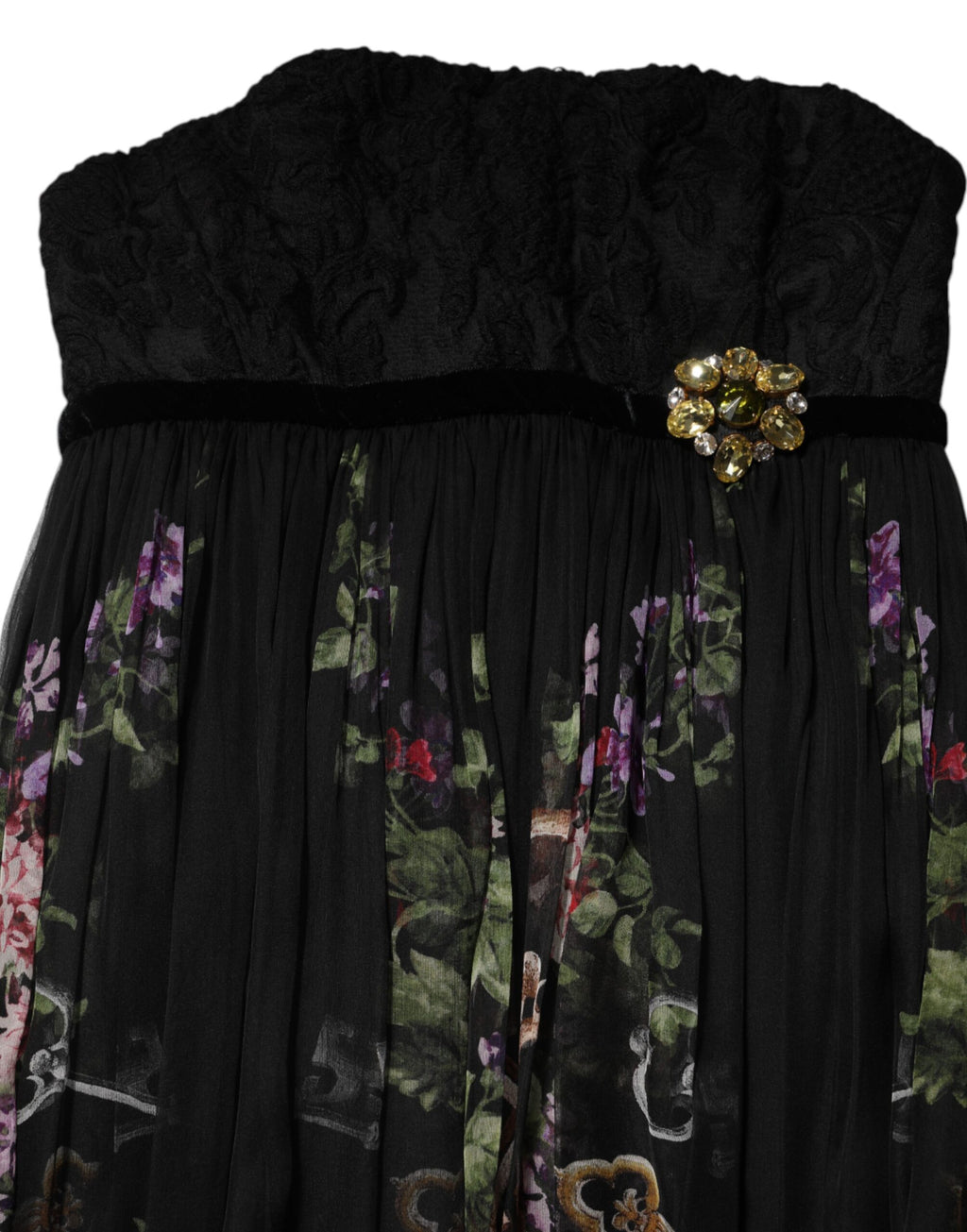 Dolce & Gabbana Schwarzes trägerloses Kleid mit Blumenmuster und Kristall