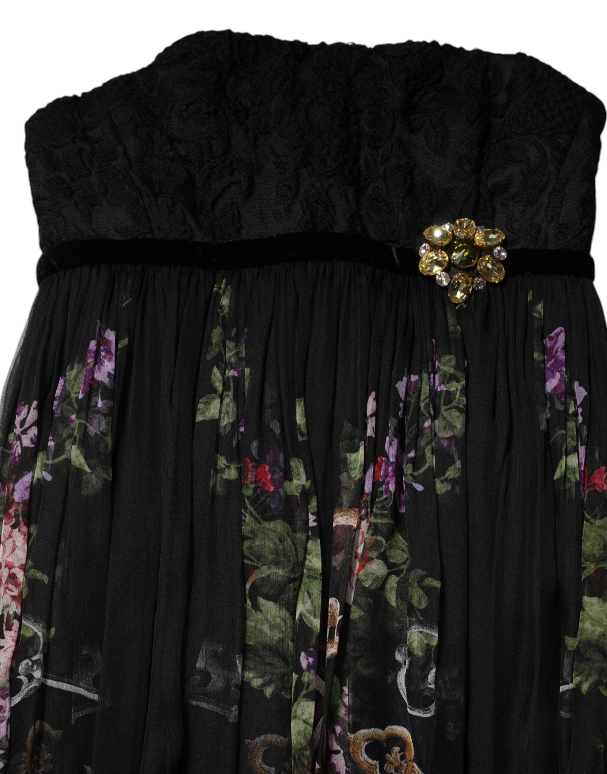 Dolce & Gabbana Schwarzes trägerloses Kleid mit Blumenmuster und Kristall