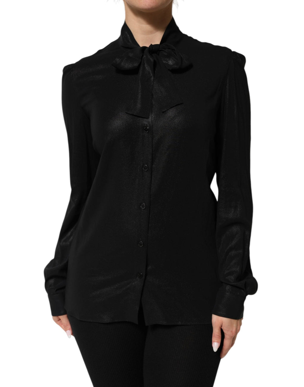 Dolce & Gabbana Schwarzes Viskose-Langarm-Krawattenblusentop