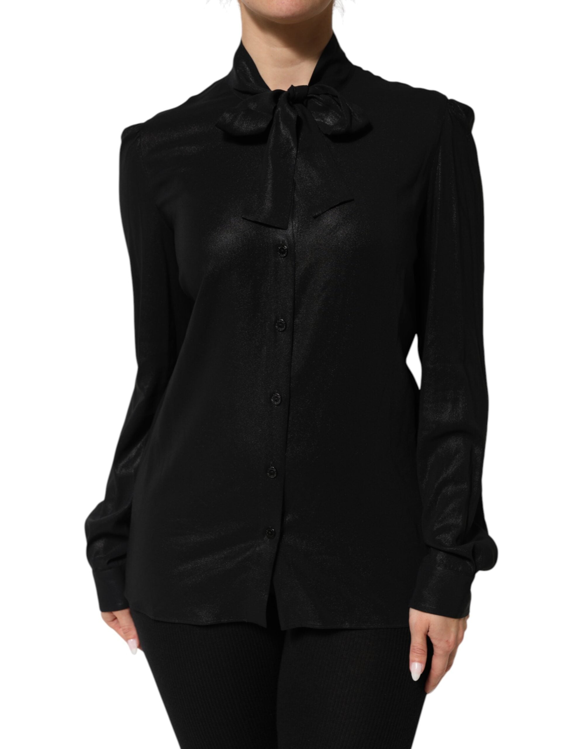 Dolce & Gabbana Schwarzes Viskose-Langarm-Krawattenblusentop