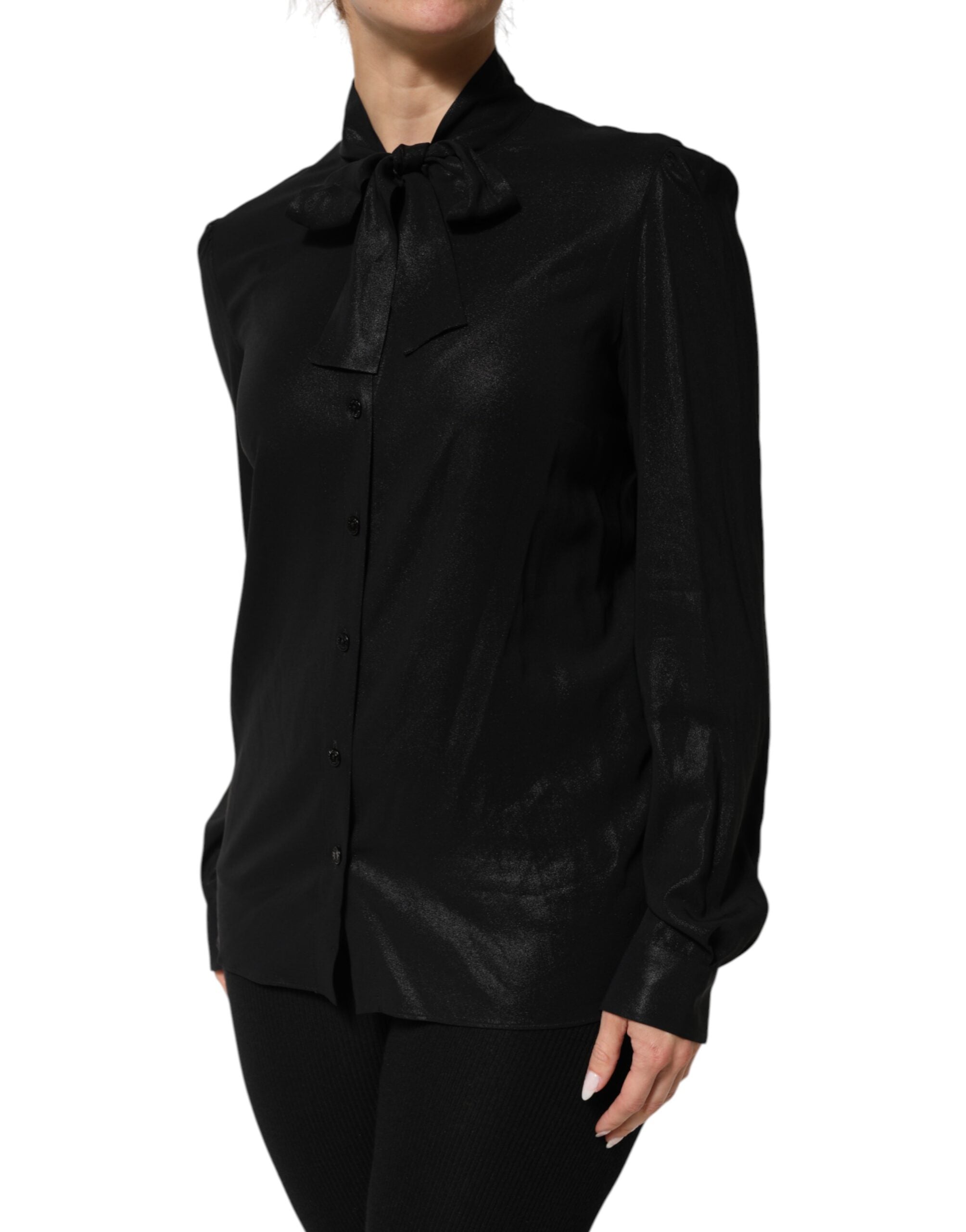 Dolce & Gabbana Schwarzes Viskose-Langarm-Krawattenblusentop