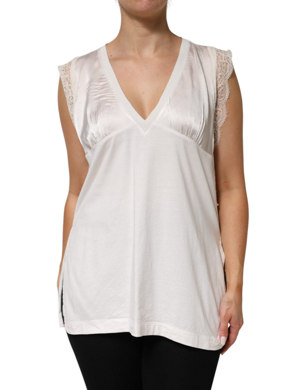 PINKO Weißes Seidenmischung Spitzenbesatz Ärmelloses V-Ausschnitt Damen Top