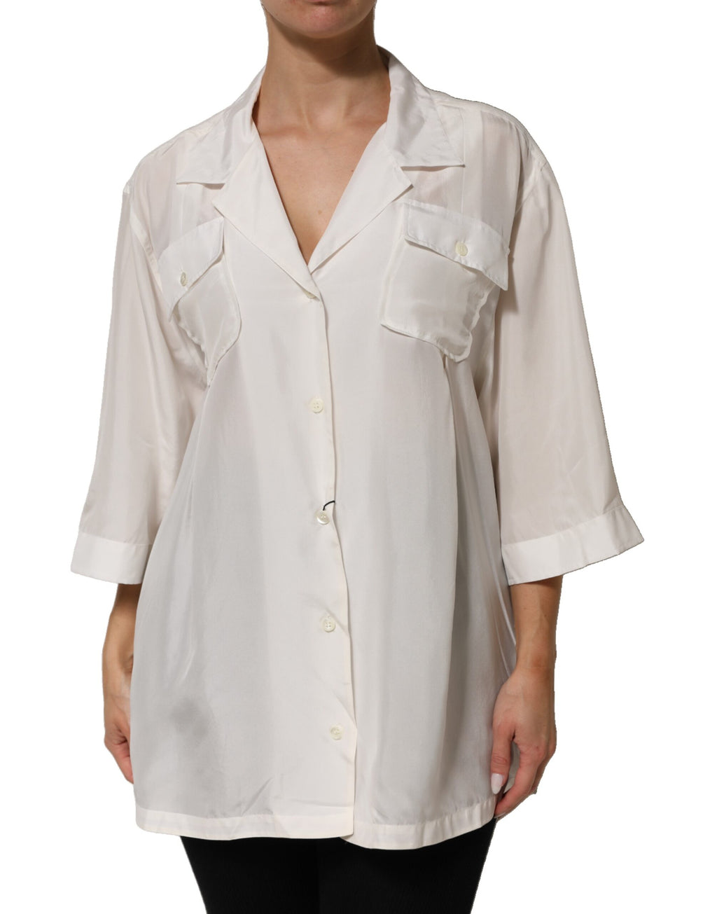 Dolce & Gabbana Witte Zijden Blouse Top met Kraag en 3/4 Mouwen