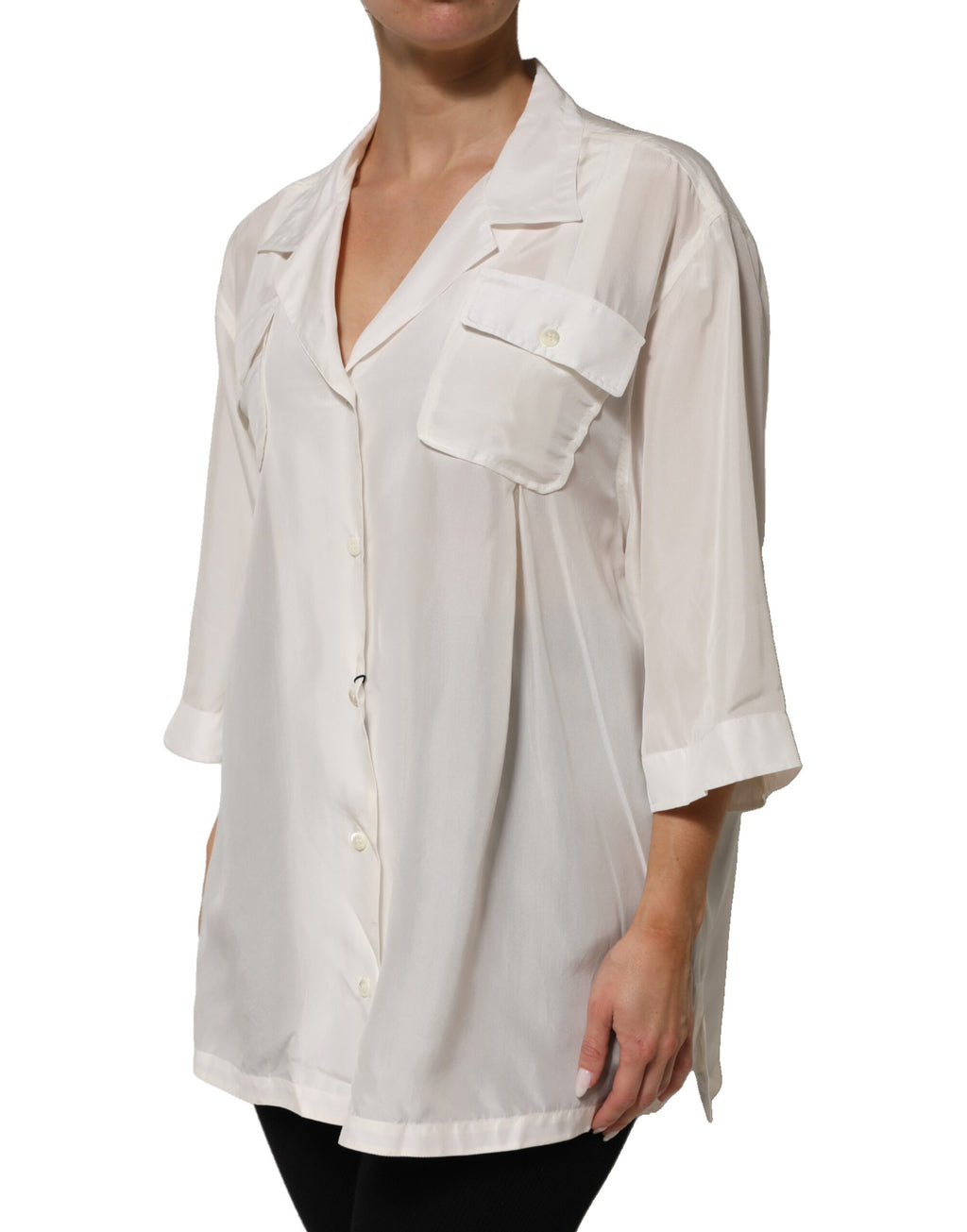 Dolce & Gabbana Witte Zijden Blouse Top met Kraag en 3/4 Mouwen