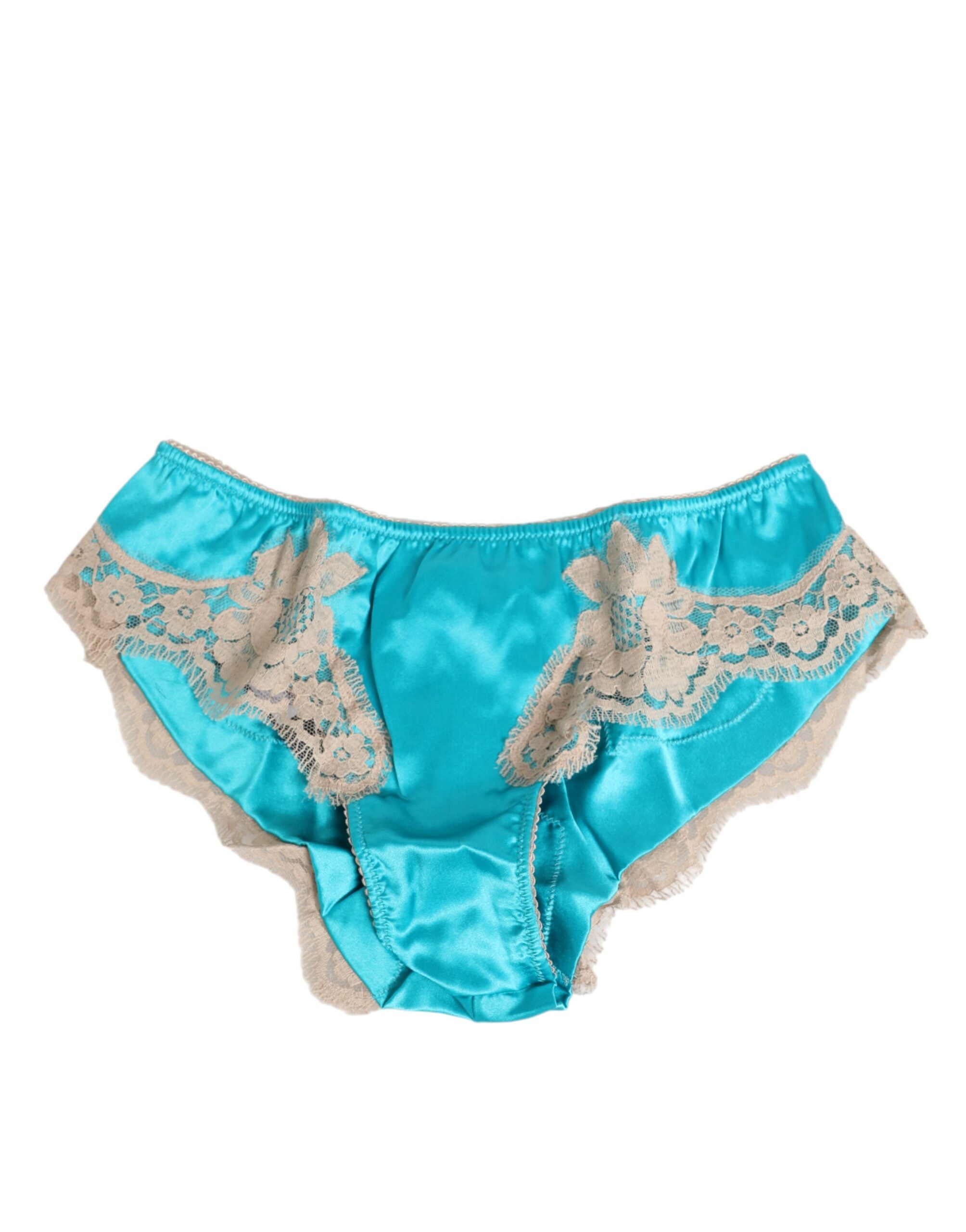 Dolce & Gabbana Blauer Seidensatin mit Spitzenbesatz Neuer Slip Unterwäsche