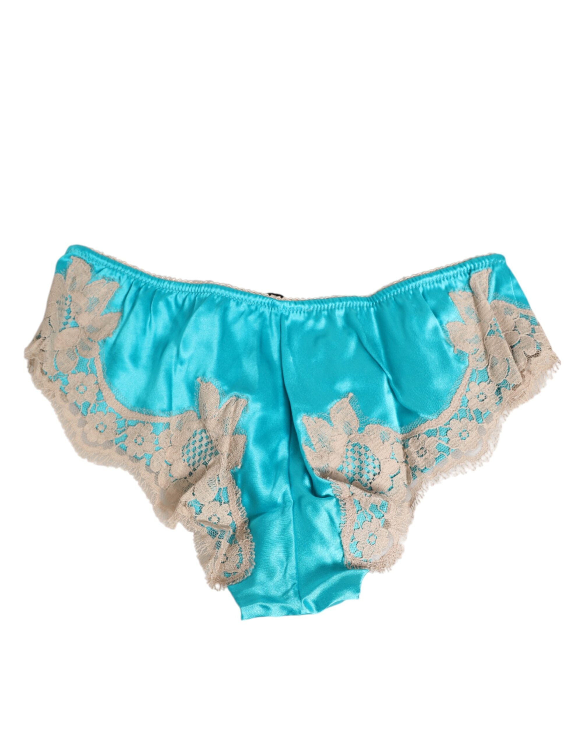 Dolce & Gabbana Blauer Seidensatin mit Spitzenbesatz Neuer Slip Unterwäsche