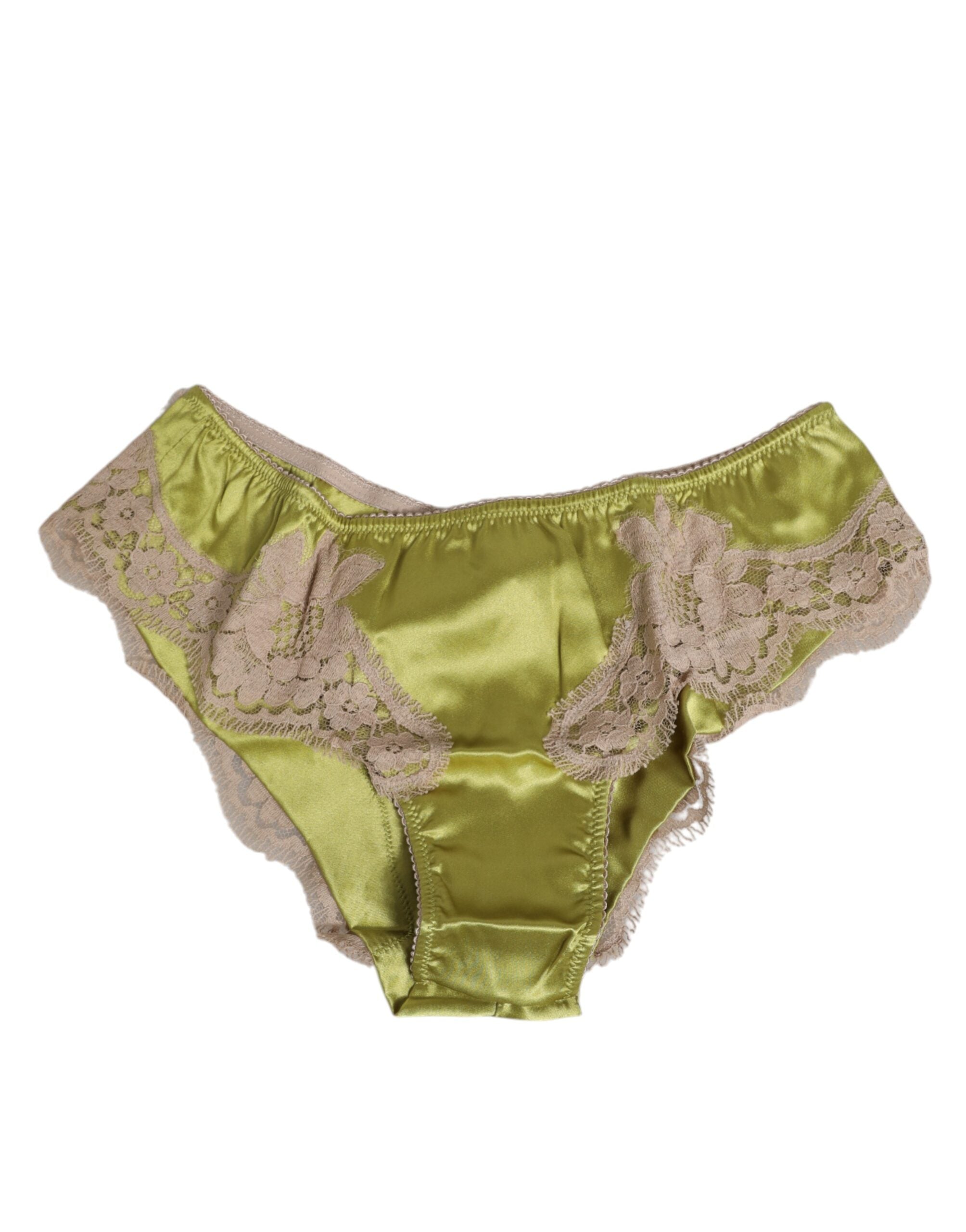 Dolce & Gabbana Grüner Seidensatin mit Spitzenbesatz Neuer Slip Unterwäsche