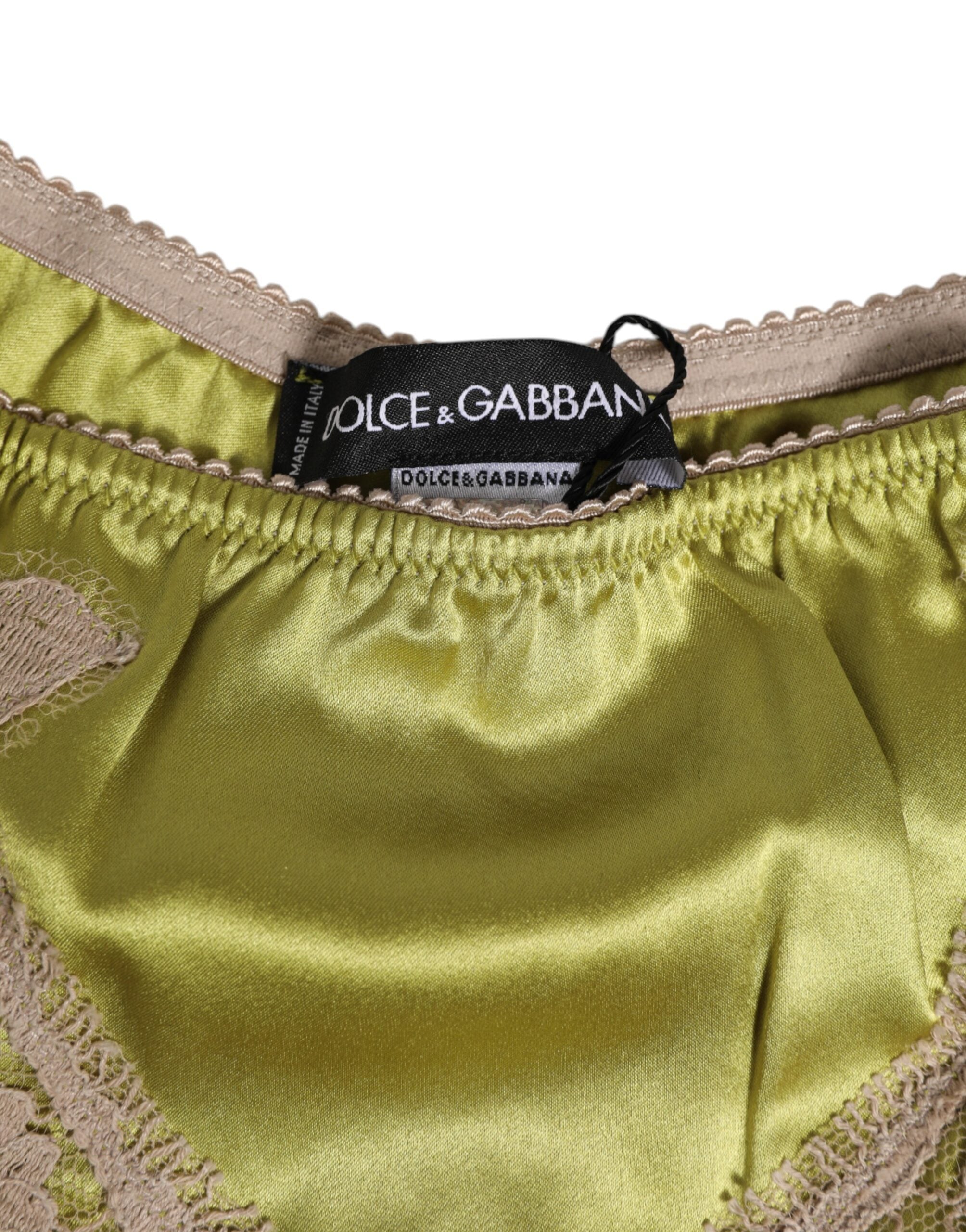 Dolce & Gabbana Grüner Seidensatin mit Spitzenbesatz Neuer Slip Unterwäsche