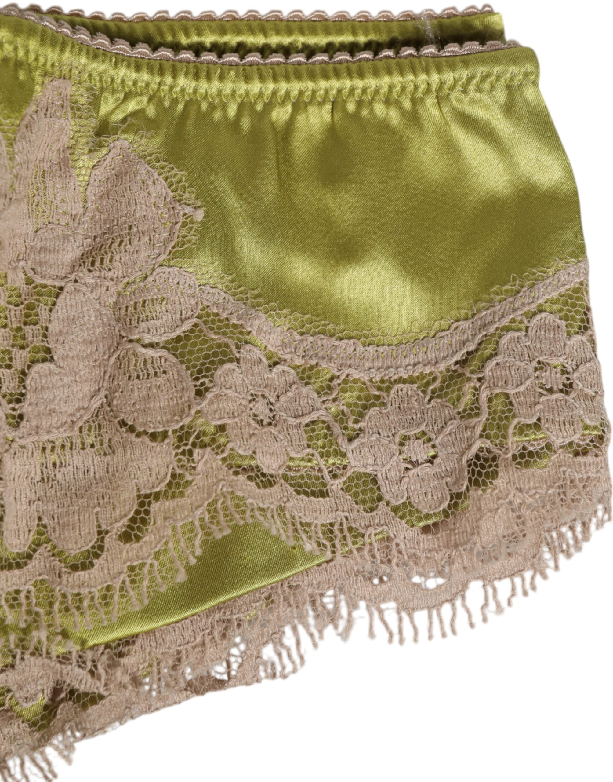 Dolce & Gabbana Grüner Seidensatin mit Spitzenbesatz Neuer Slip Unterwäsche