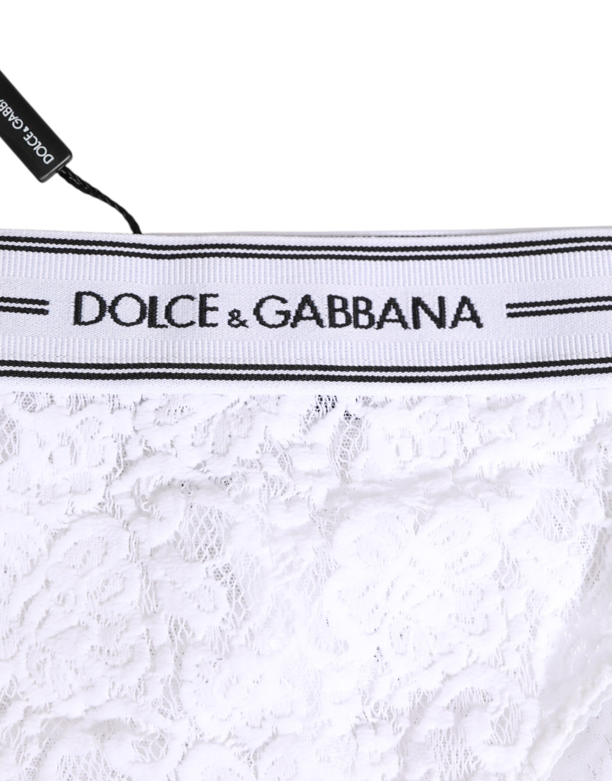 Dolce & Gabbana Weißer Spitzen-Slip-Slip mit Logo-Bund Unterwäsche