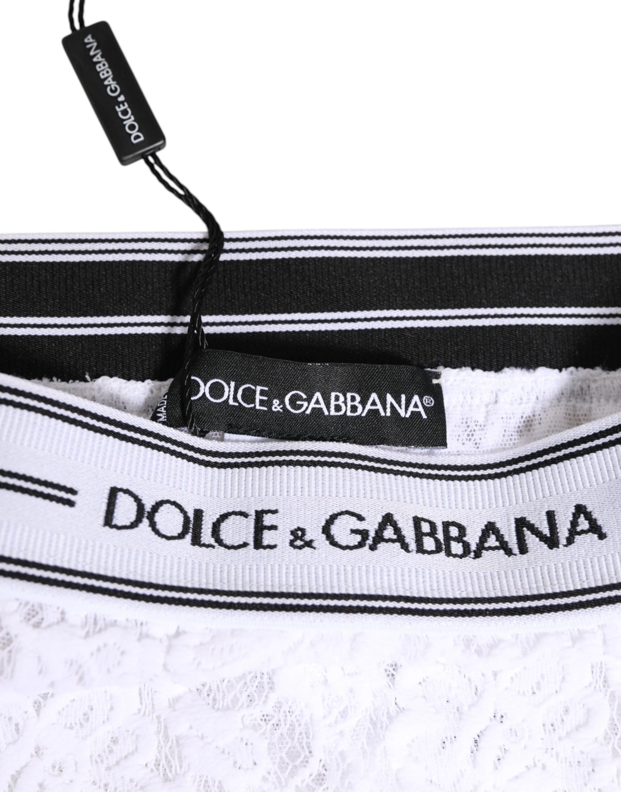 Dolce & Gabbana Weißer Spitzen-Slip-Slip mit Logo-Bund Unterwäsche