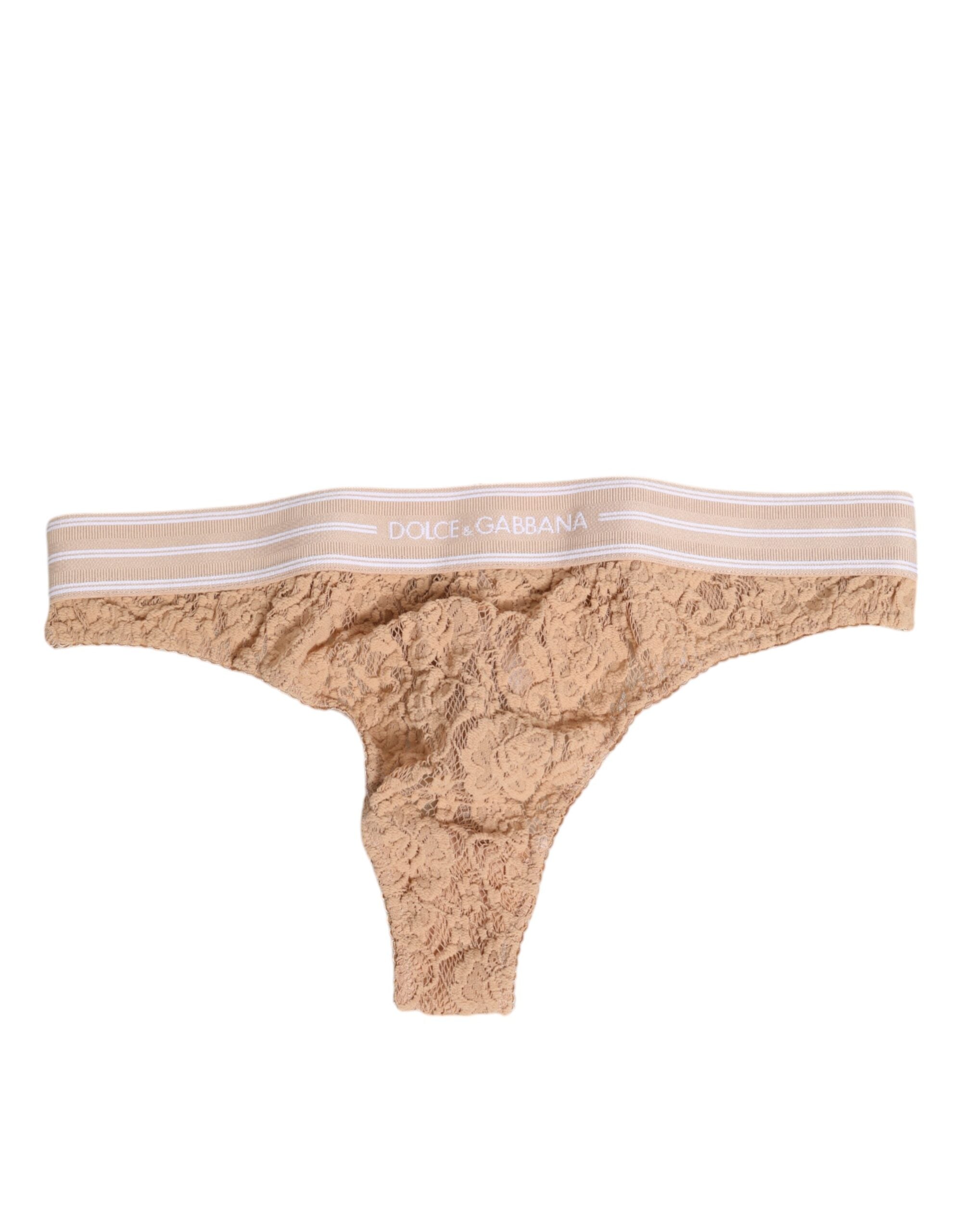 Dolce & Gabbana Beige Spitze Logo Elastische Taille Tanga Unterwäsche