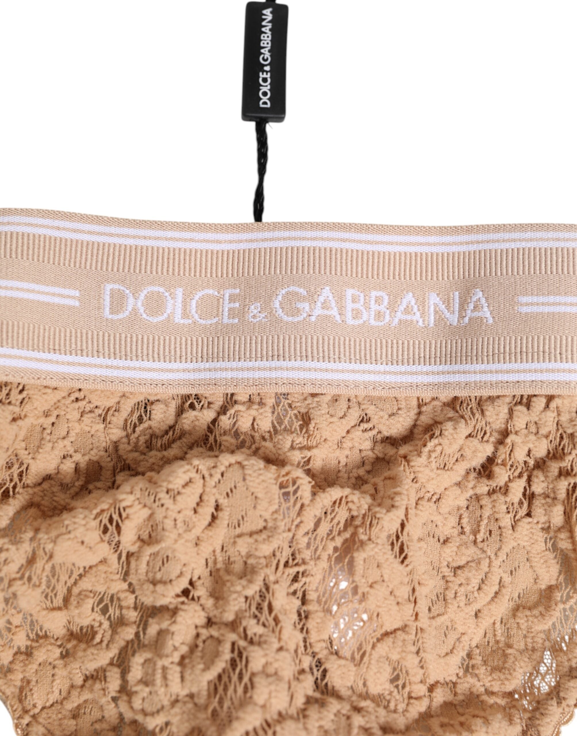 Dolce & Gabbana Beige Spitze Logo Elastische Taille Tanga Unterwäsche
