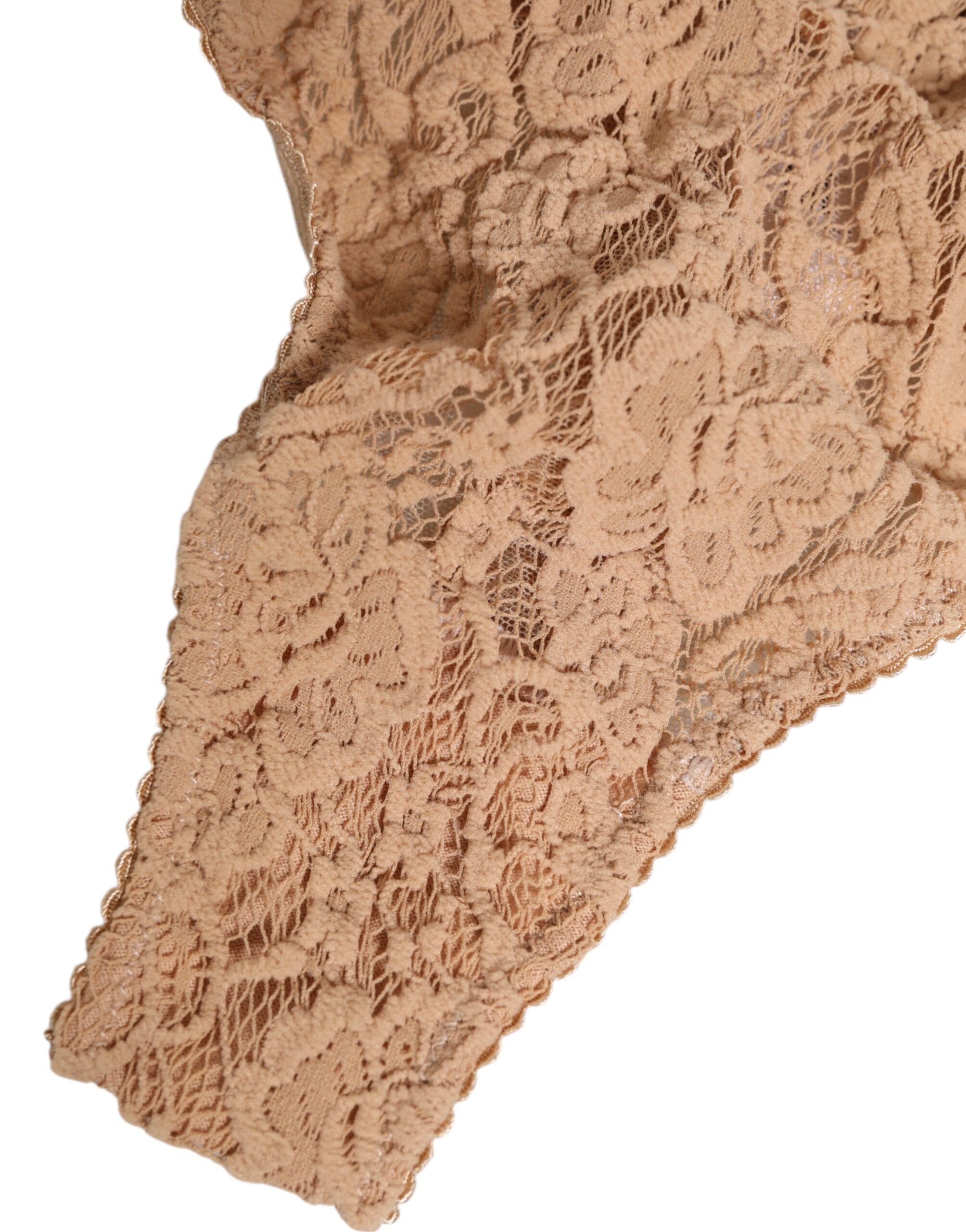 Dolce & Gabbana Beige Spitze Logo Elastische Taille Tanga Unterwäsche