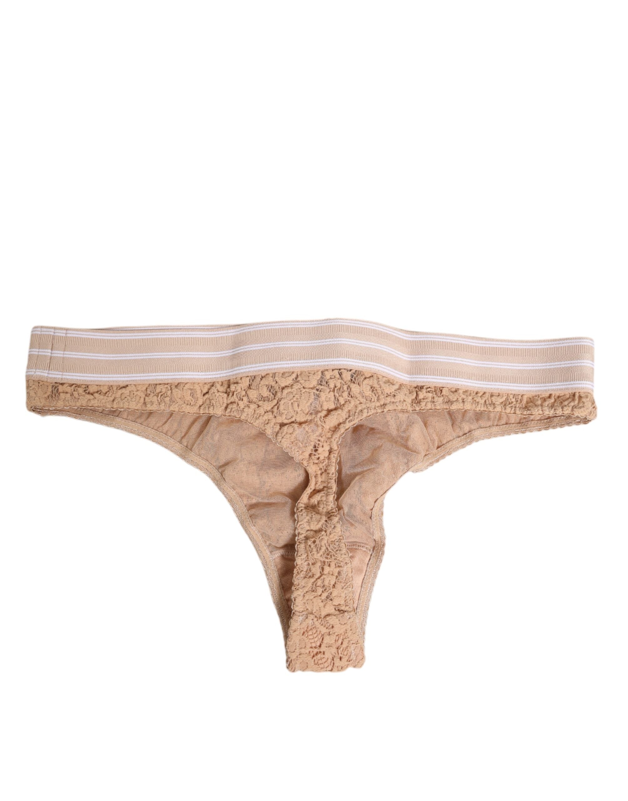 Dolce & Gabbana Beige Spitze Logo Elastische Taille Tanga Unterwäsche