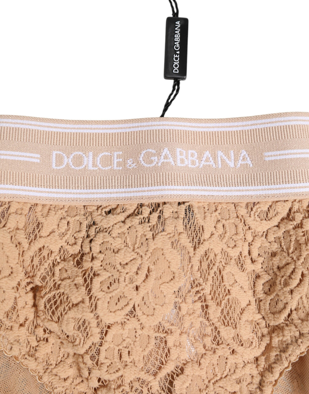 Dolce & Gabbana Beige Spitze Brasiliano Slip Logo-Bund Unterwäsche