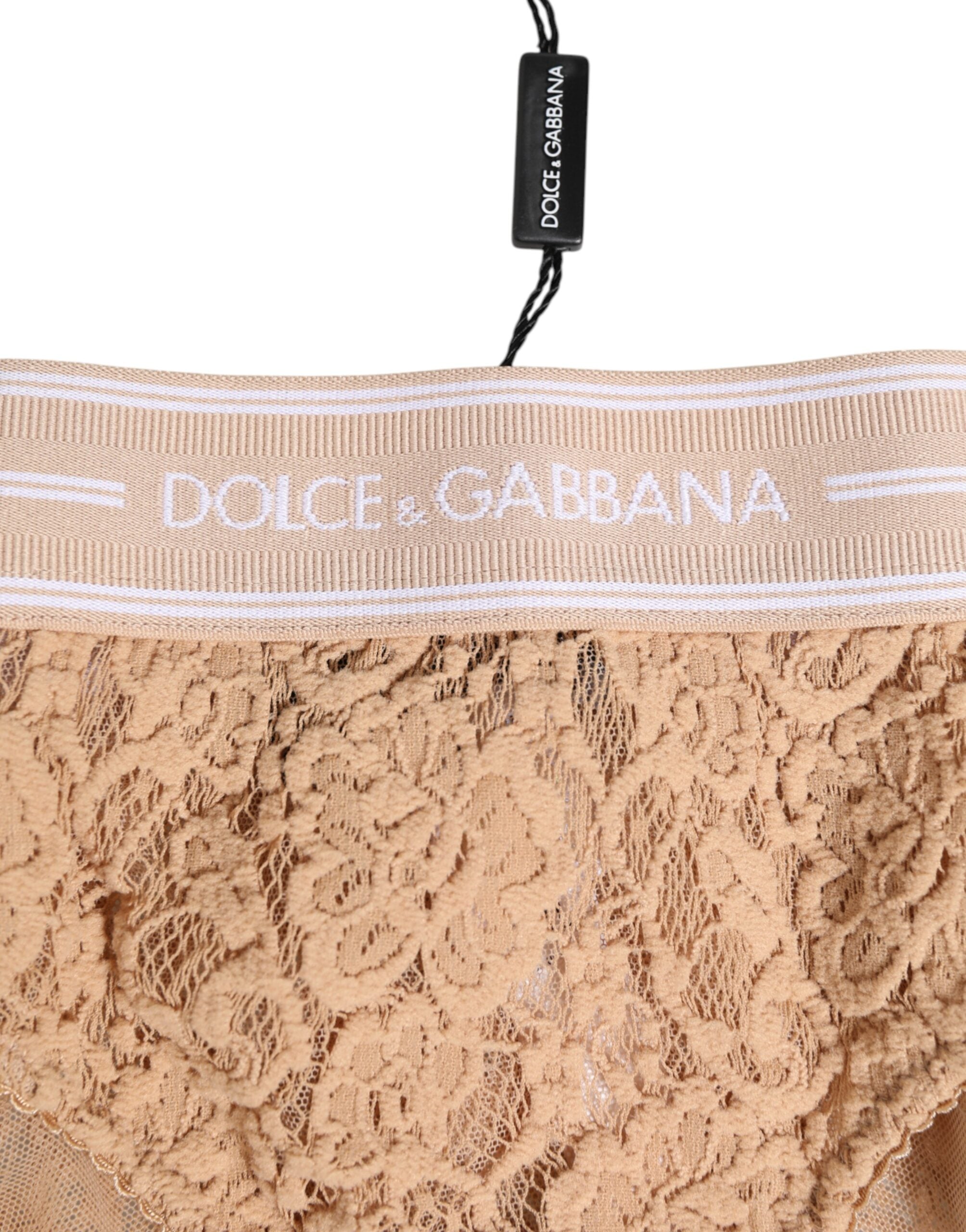 Dolce & Gabbana Beige Spitze Brasiliano Slip Logo-Bund Unterwäsche