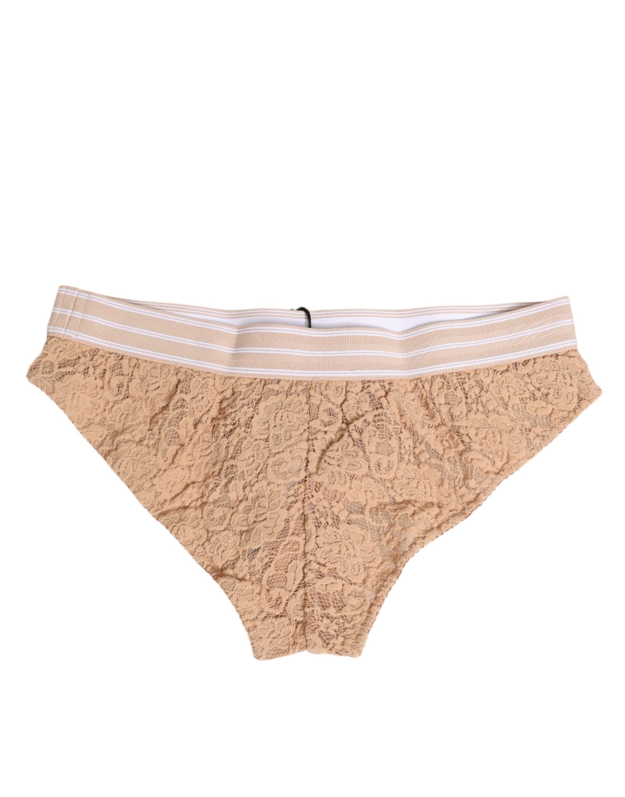 Dolce & Gabbana Beige Spitze Brasiliano Slip Logo-Bund Unterwäsche