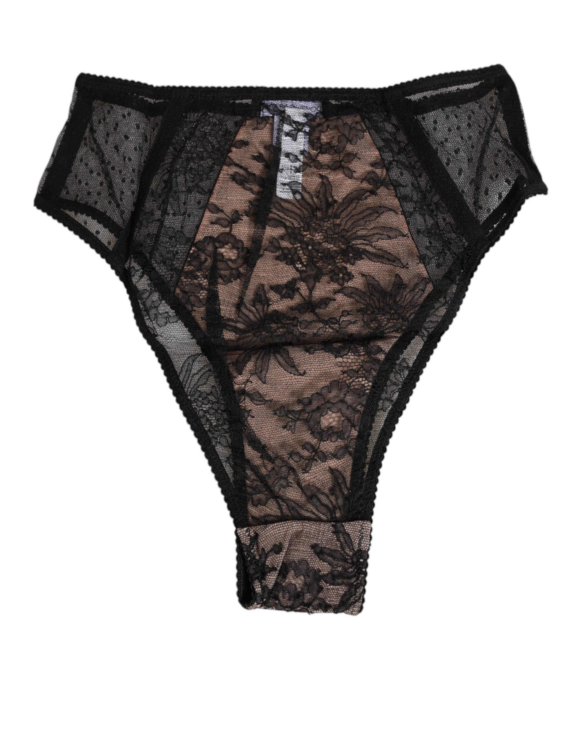 Dolce & Gabbana Schwarze florale Spitze durchsichtige Mesh Unterwäsche mit hoher Taille