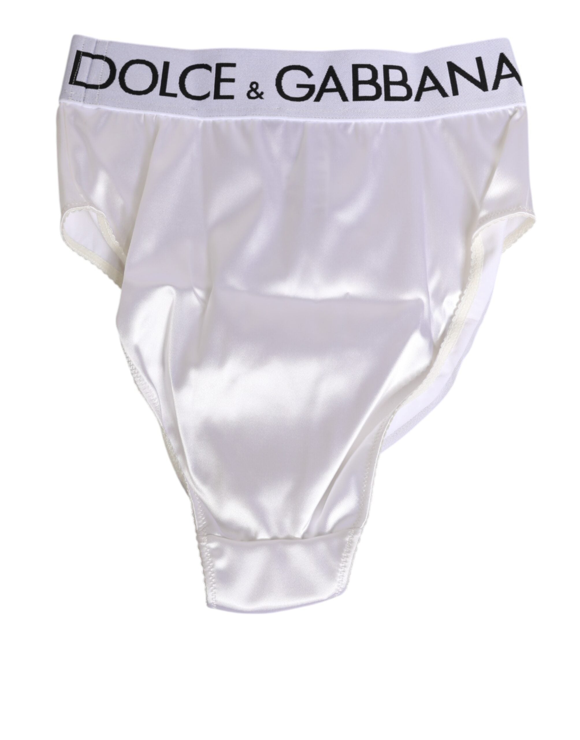 Dolce & Gabbana Weißer Satin-Slip mit hoher Taille Logo Damen Unterwäsche