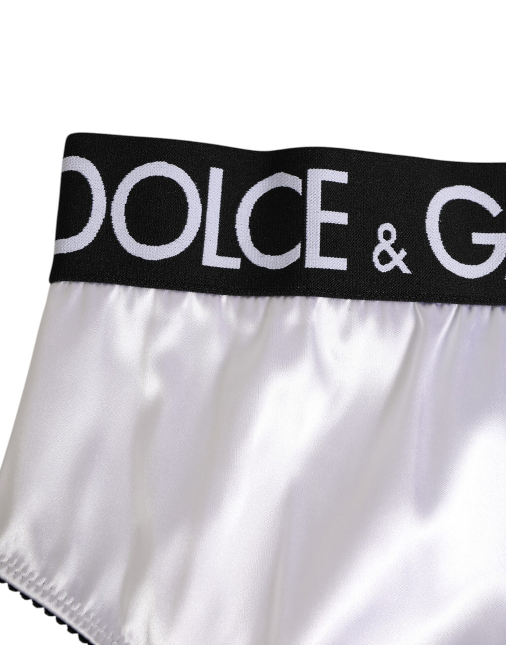 Dolce & Gabbana Weißer Satin Hochtaille Schwarzes Logo Damen Unterwäsche