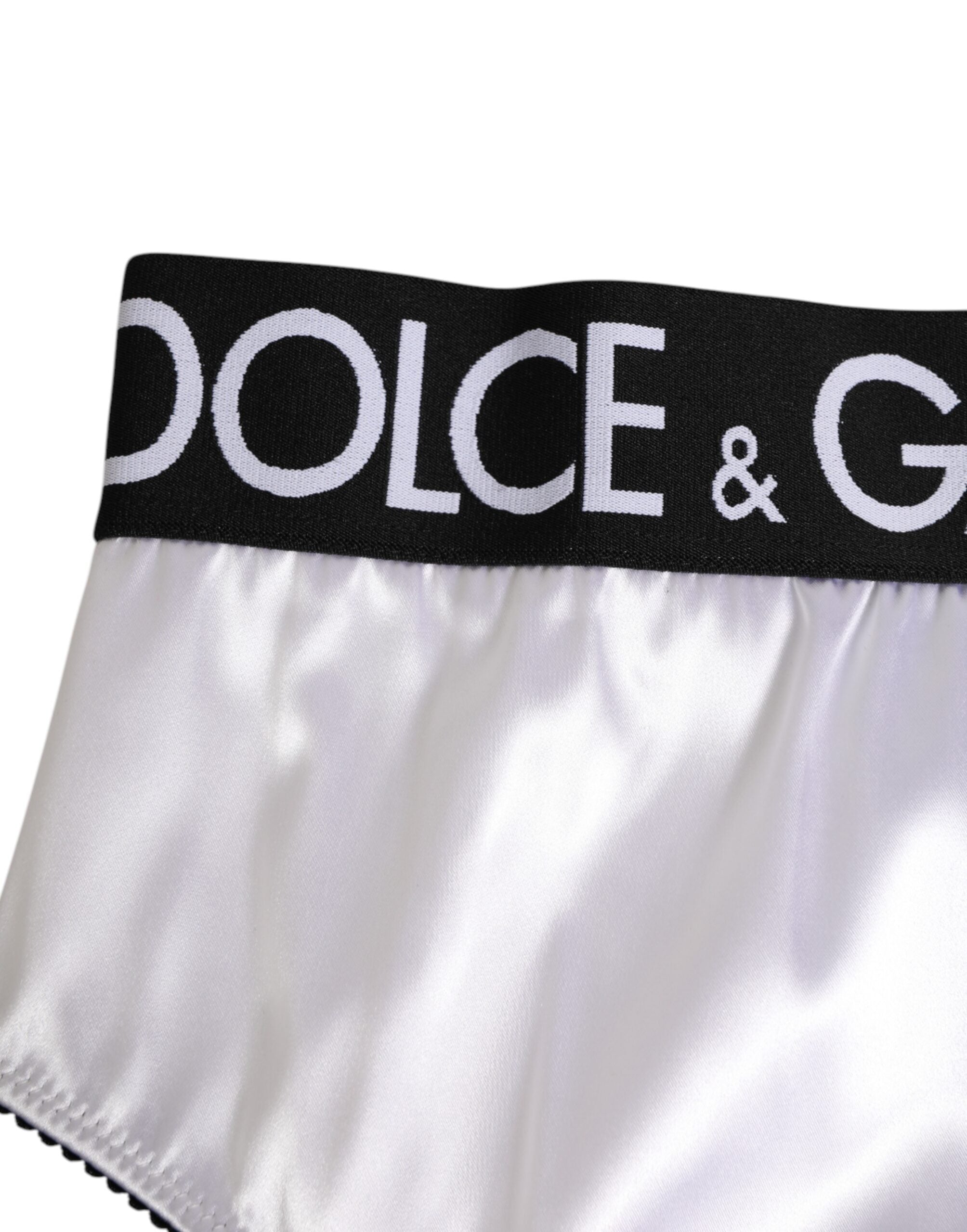 Dolce & Gabbana Weißer Satin Hochtaille Schwarzes Logo Damen Unterwäsche