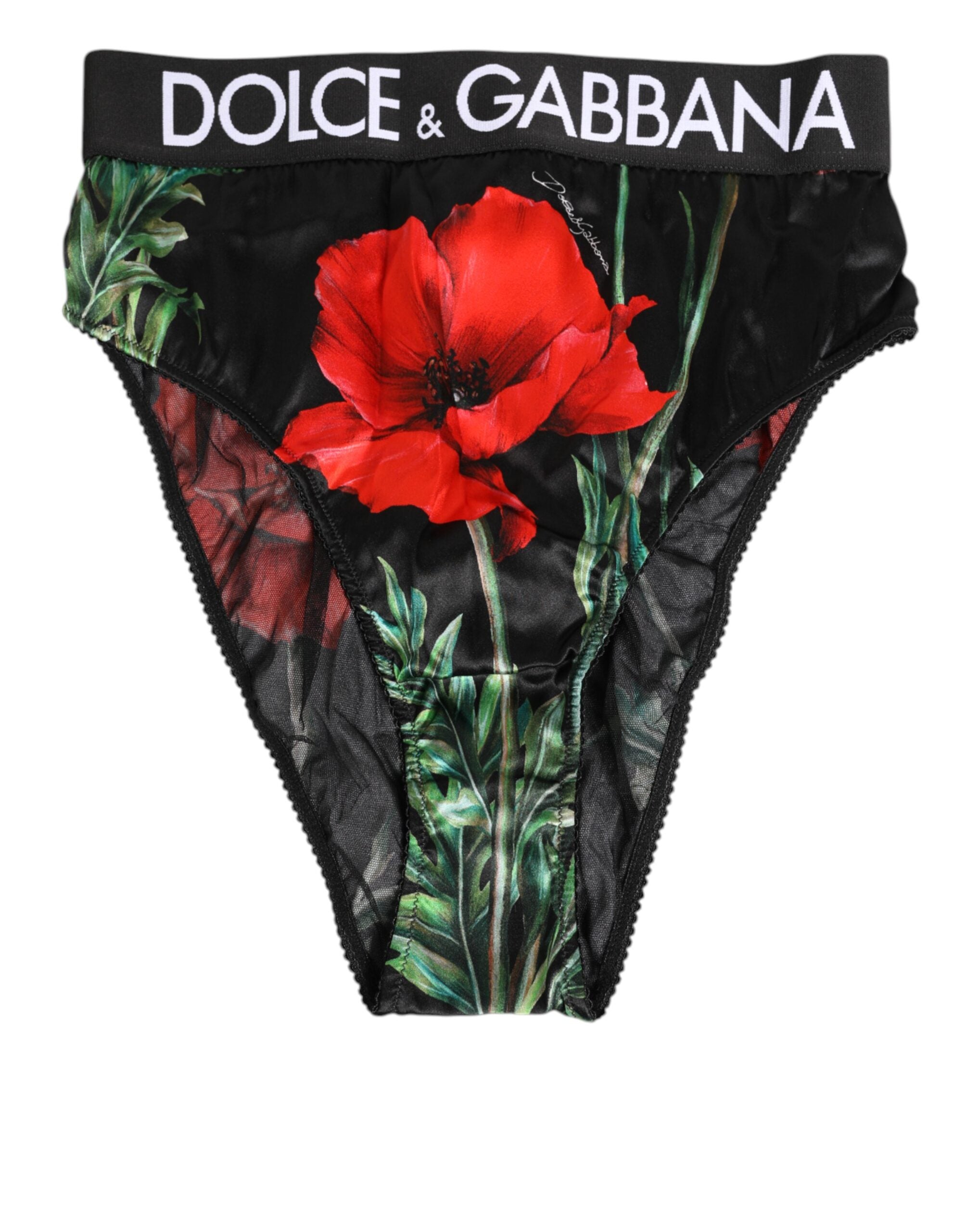 Dolce & Gabbana Schwarze Floral Print High Waist Sheer Mesh Unterwäsche