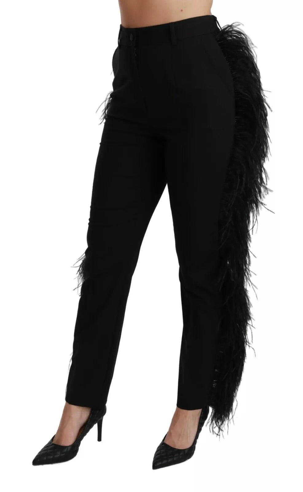 Dolce & Gabbana Schwarze Federhosen mit hoher Taille