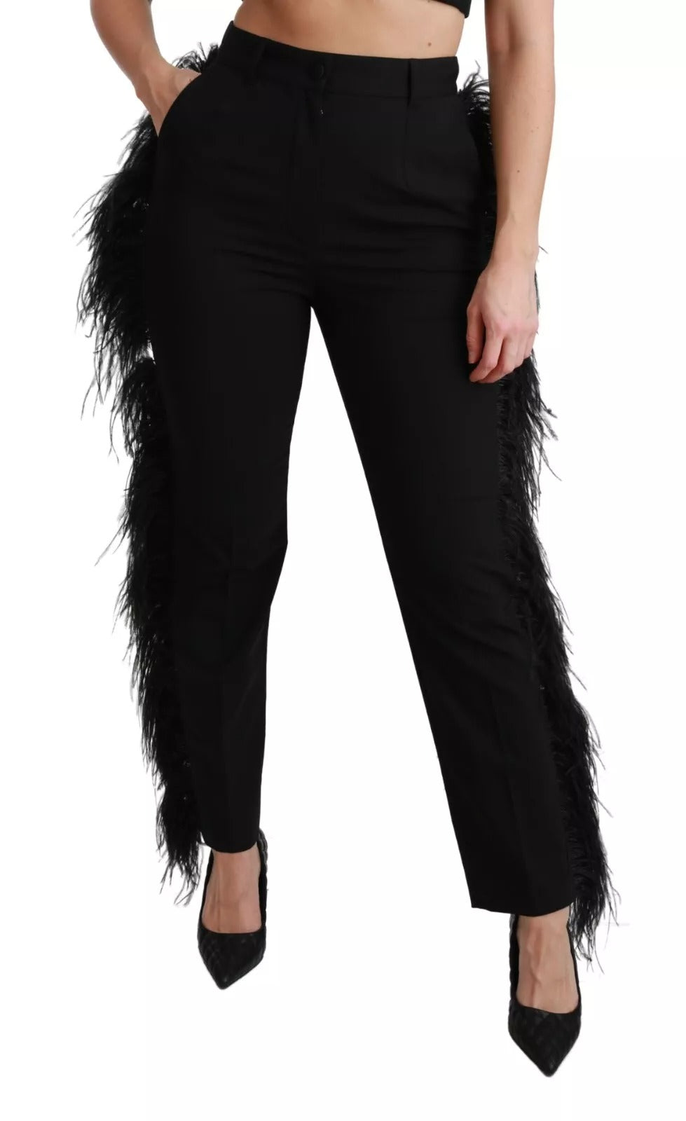 Dolce & Gabbana Schwarze Federhosen mit hoher Taille