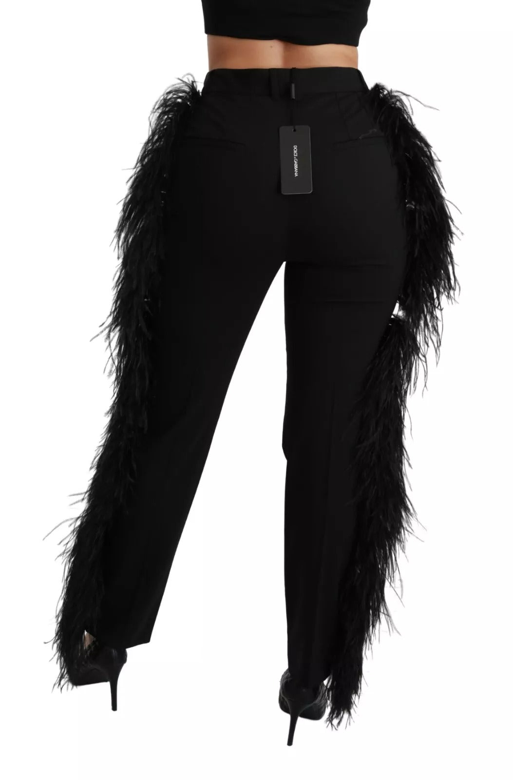Dolce & Gabbana Schwarze Federhosen mit hoher Taille