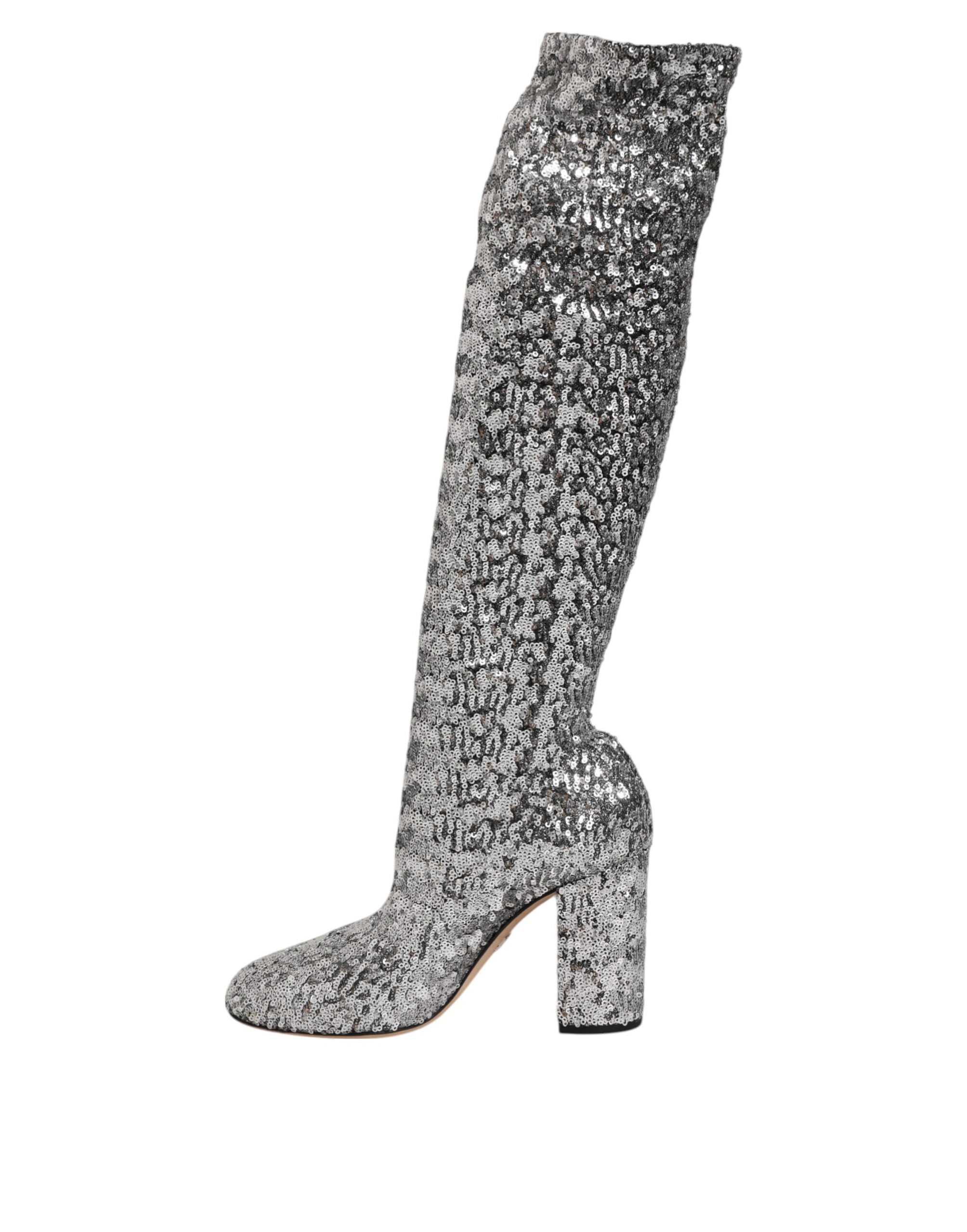 Dolce & Gabbana Schuhe Silber Pailletten Glitter High Heel Stiefel Schuhe